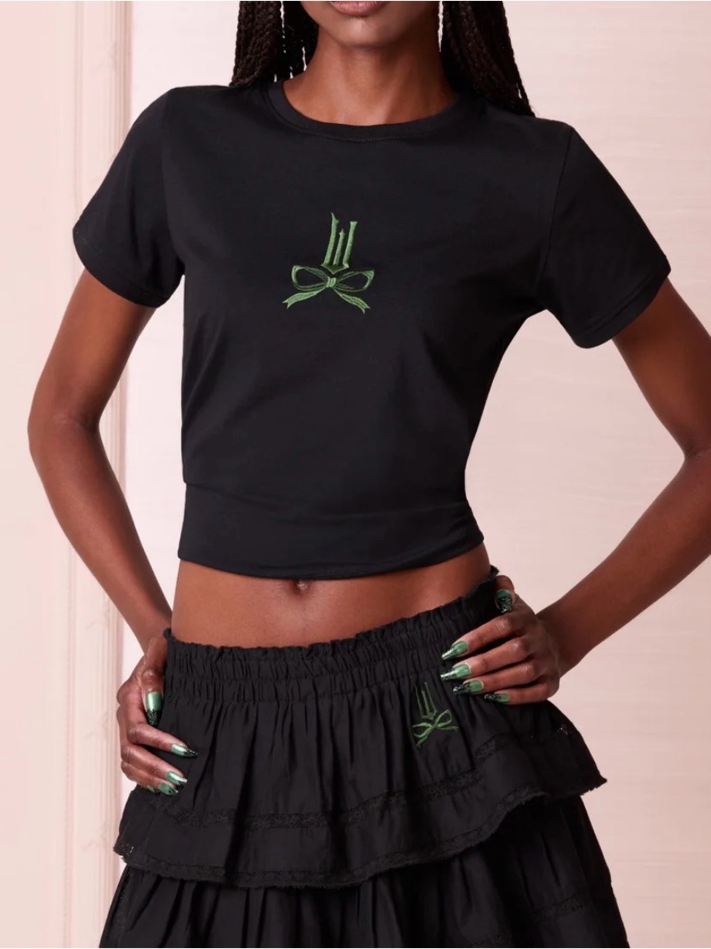 LoveShackFancy X Wicked Short Sleeve Crop Tee with Green Bow Embroidery